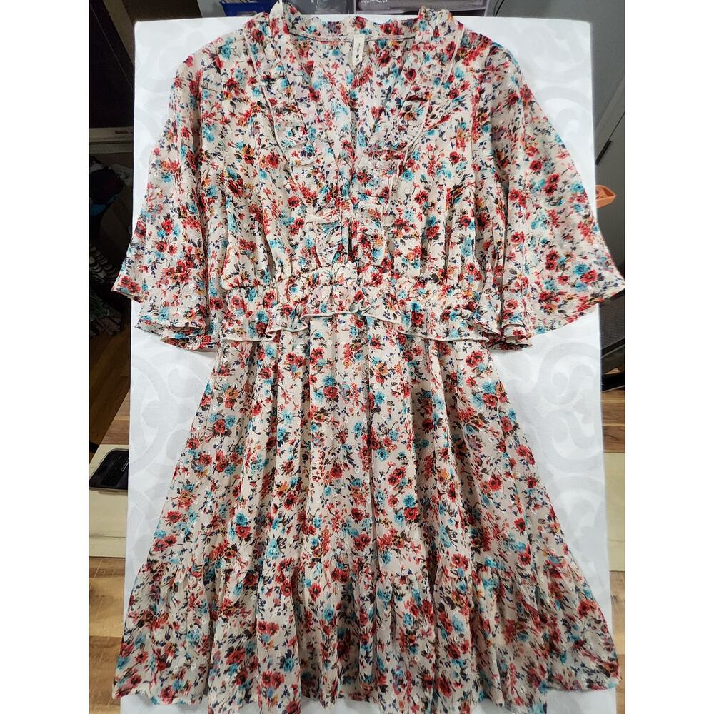 Tyche Floral Ruffle Boho Dress Cream Multi Size M